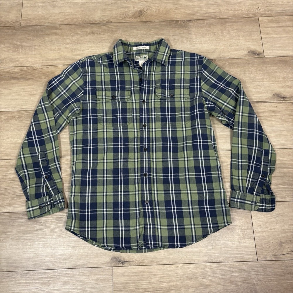LL Bean Shirt Mens Medium Green Blue Plaid Slightly Fitted Flannel Cotton Casual